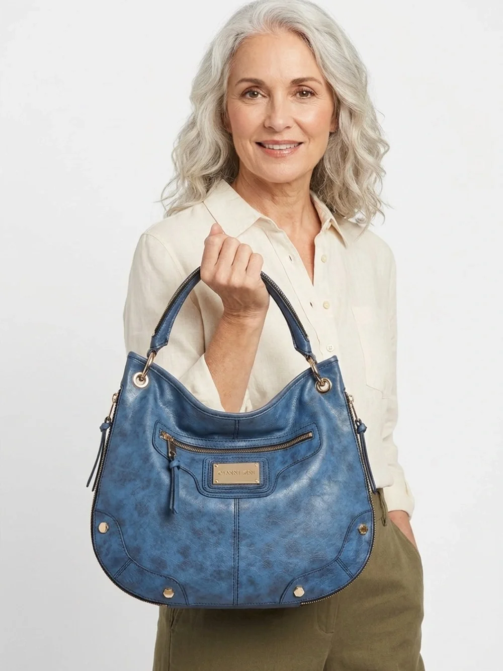 Gianni Bini Denim Blue Large Leather Shoulder Hobo Bag Golden Logo Hardware VTG